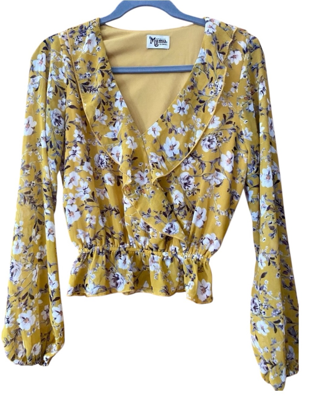 Show Me Your Mumu Mustard Floral Ruffle Peplum Blouse Top XS